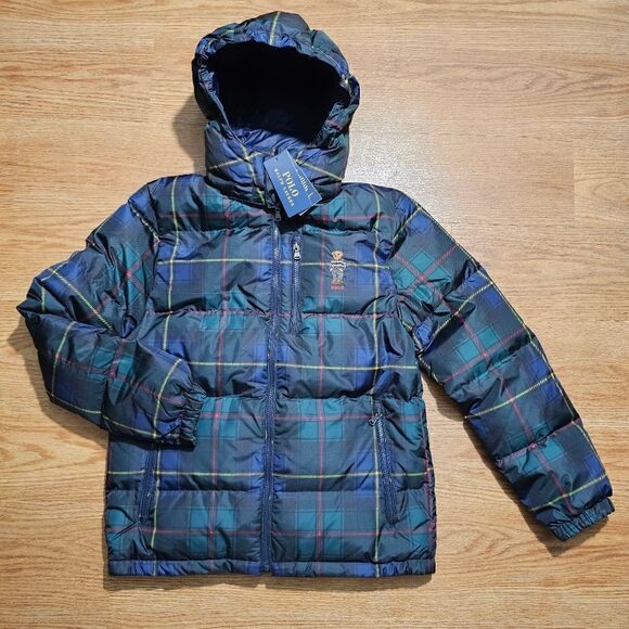Polo Bear Ralph Lauren Puffer Jacket Plaid Youth Large L Kids 14-16 Convertible - Picture 1 of 12